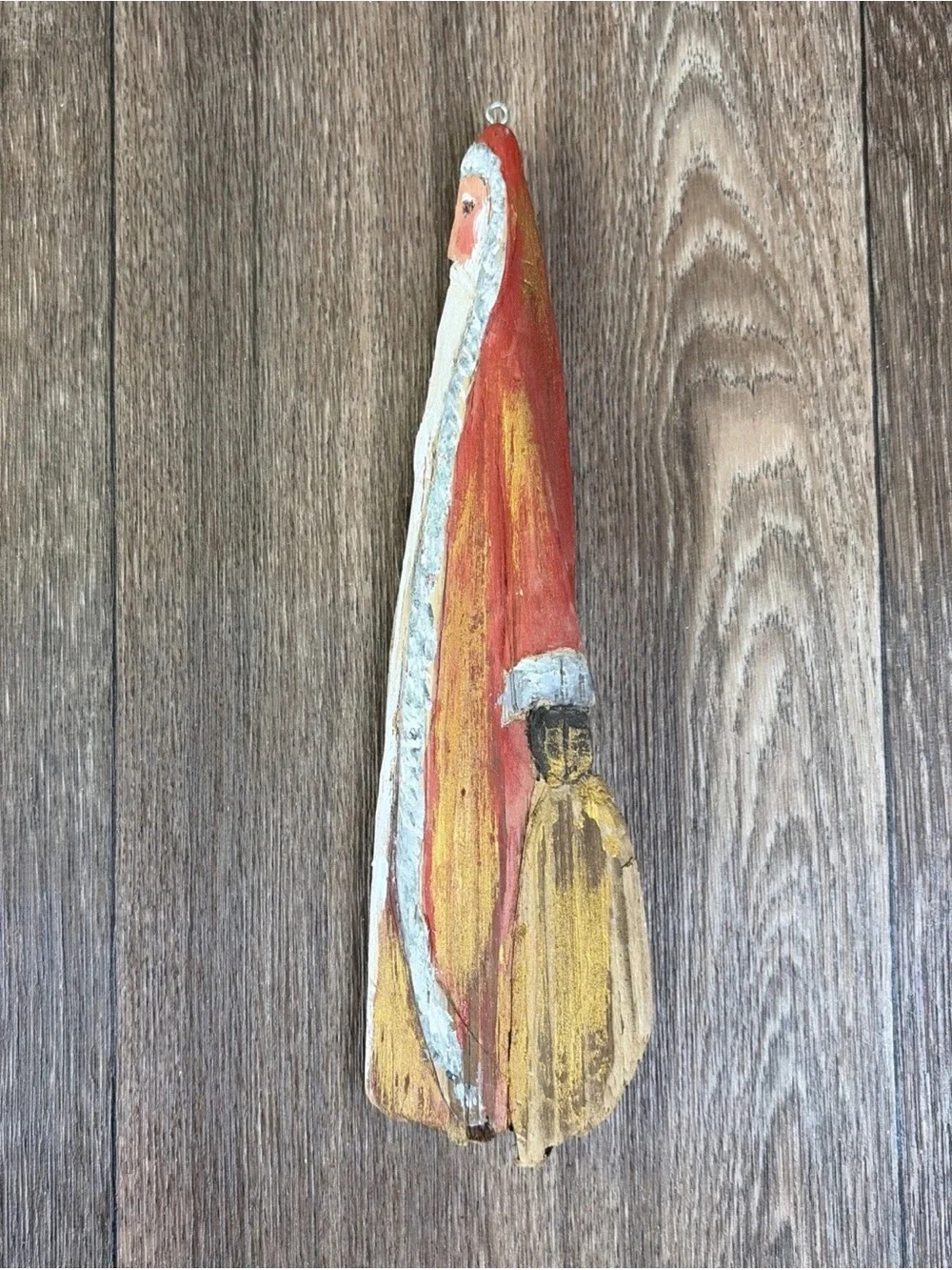 Vintage Hand Painted Folk Art Driftwood Santa Wood Rustic Ornament 8.5